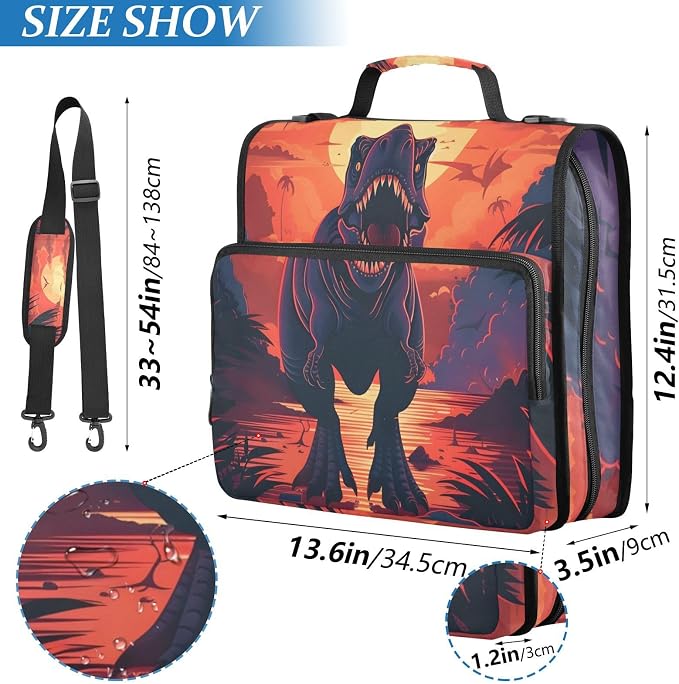 Dinosaur 3 Ring Binder Bag 1.5 inch Binder Organizer with Zipper Shoulder Strap 500 Sheet Documents Storage for School Office
