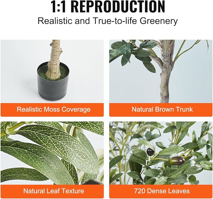 VEVOR Artificial Olive Tree, 5 FT Tall Faux Plant, Secure PE Material & Anti-Tip Tilt Protection Low-Maintenance Plant, Lifelike Green Fake Potted Tree for Home Office Warehouse Decor Indoor Outdoor