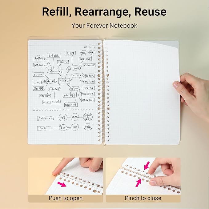 KOKUYO Smart Ring Binder Notebooks, Clear B5 Refillable Notebook, 20 Sheets Each, Plus Extra 50 Sheets 5x5 Graph Loose Leaf Papers, 60 Sheet Capacity, Perfect for School & Work