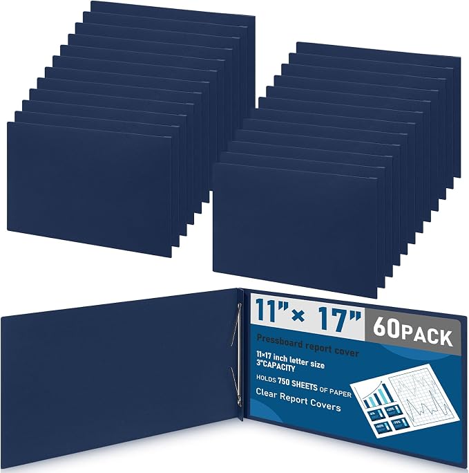 Resurhang 60 Pcs 11x17 Inch Pressboard Report Cover, 3" Capacity Presentation Binder Folder with Metal Prong Paper Fastener to Neatly Bind Reports Proposals Transcripts, Other Documents (Blue)