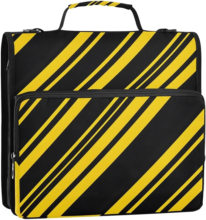 3 D-Ring Zipper Binder Bag, Black Yellow Diagonal Striped Removable Binder with Zipper Case Hold 300+ Sheets& 13 Inch Laptop for School Office Supplies Organizer