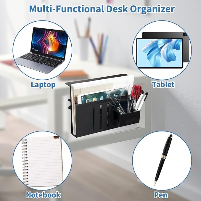Laptop Holder for Desk, Under Desk Storage Organizer with Pen Slot | osseph Desk Storage, No Drill Clamp to 0.5-2.38" Desks, Cooling Vents Vertical Rack, Magnetic Pen Holder, 22 Lbs Carbon Steel