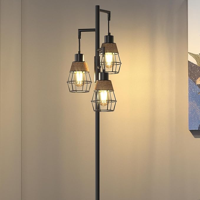 70" Floor Lamps for Living Room, Stepless Dimmable Boho Floor Lamp with 3 Bulbs, Tall Farmhouse Industrial Corner Standing Tree Lamp for Bedroom, Office, Study Room, Dining Room, Black