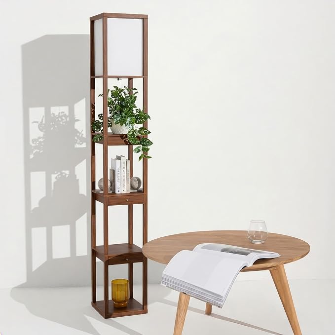 Brightech Maxwell Drawer Edition - Modern Shelf Floor Lamp with Drawer - Corner Display Floor Lamps with Shelves for Living Room, Bedroom and Office - Havana Brown