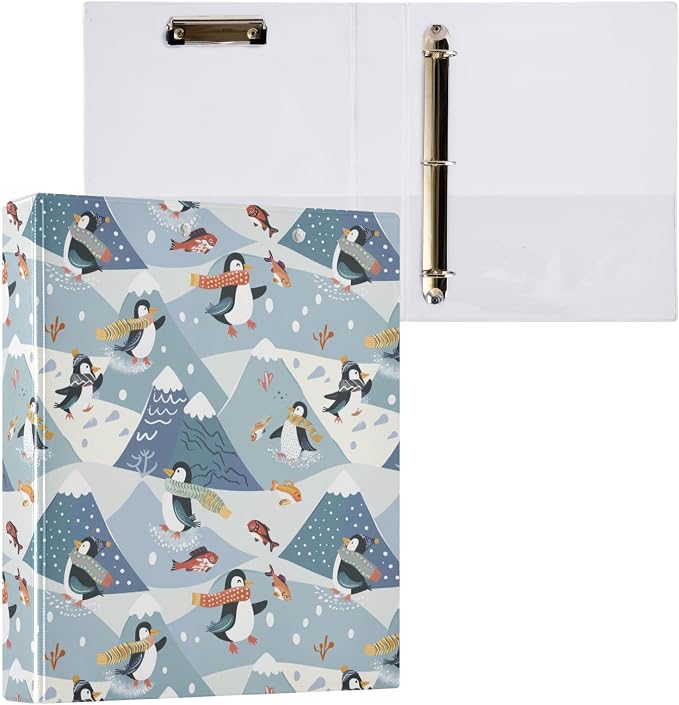 Skiing Penguins Winter 3 Ring Binder 1.5" Decorative D-Ring Binder with Clipboard&3 Clear Pockets, Holds 200 Sheets A4 Size Paper Waterproof Binders for School Home Office