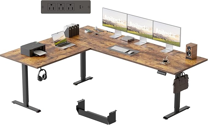 Agilestic 75 x 61 Inch L Shaped Standing Desk with Powerstrip, Rustic Brown | Outlets, Cable Management, Corner Desk, Ample Workspace, Memory Presets, Hooks, Stable Steel Frame,176 lbs, Splice Board