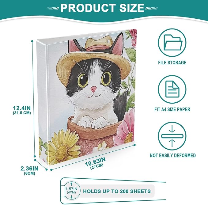 Cat Round Ring Binders 1.5 Inch Sunflower 3 Ring Clipboard Binder for Office School Work Supplies Document 200 Sheet Capacity Easy Open 2 Pieces