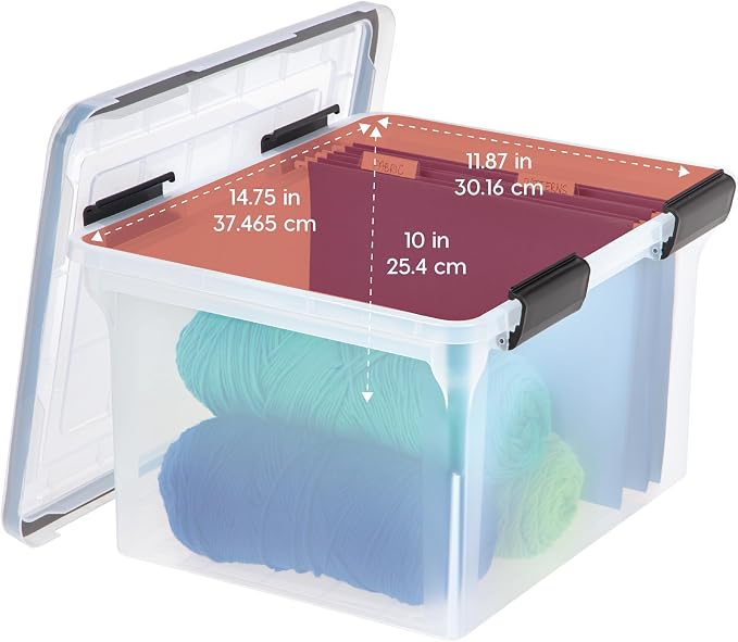 IRIS USA WeatherPro File Box Organizer, Letter/Legal, 32 Qt. 4-Pack, Clear | Organize important documents with water-resistant protection, secure latches, and stackable design for home or office storage