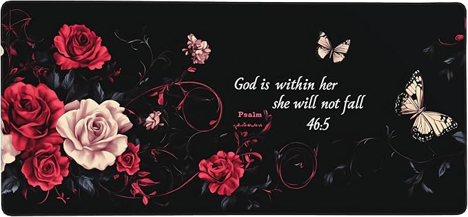 Floral Aesthetic Rose Gaming Mouse Pad, Black Red Gothic Desk Mat with Anti-Slip Base & Stitched Edges, Office & Home Desk Decor for Women, 35.4" x 15.7" in Computer Desktop Mat