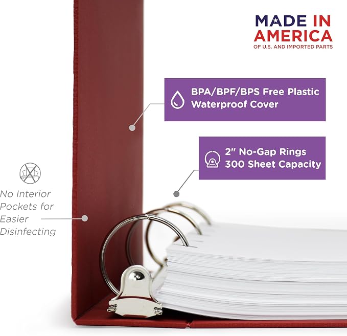 Carstens 2-Inch Heavy Duty 3-Ring Binder - Top Opening, Brick Red, Durable Plastic, Precision No-Gap Rings, Waterproof Cover, No Pockets, Holds 300 US Letter Sheets, BPA-Free, Made in USA (2878-3R)