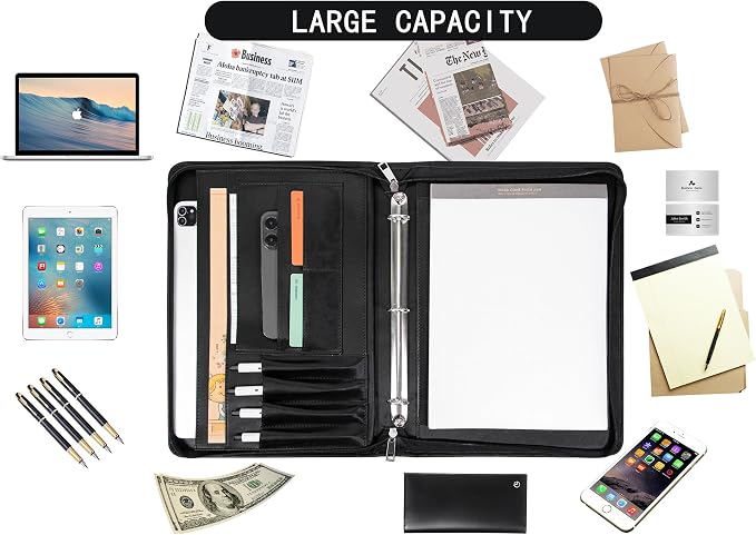 AZXCG Leather Padfolio for Men,Zippered Padfolio with 3 Ring Binder,Business Portfolio Organizer with A4 Writing Pad Holder, Portfolio Binder for Meeting,Business,School,Work