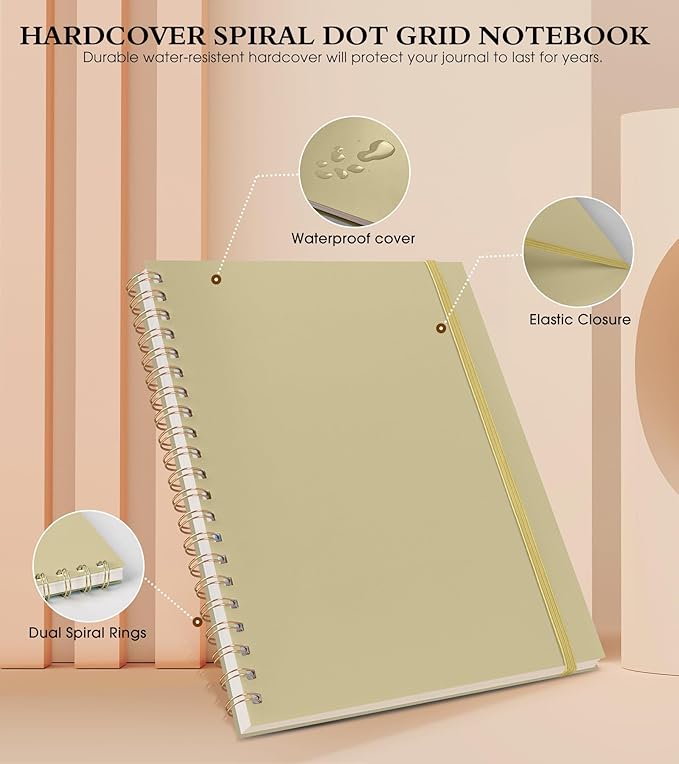 Dotted Notebook, Spiral Notebook Journal 8.5” x 11”, A4 Large Dot Grid Notebooks for Women Men, 100 GSM Dotted Paper, Plastic Hardcover Spiral Bullet Journals for Work School Sketching, Yellow
