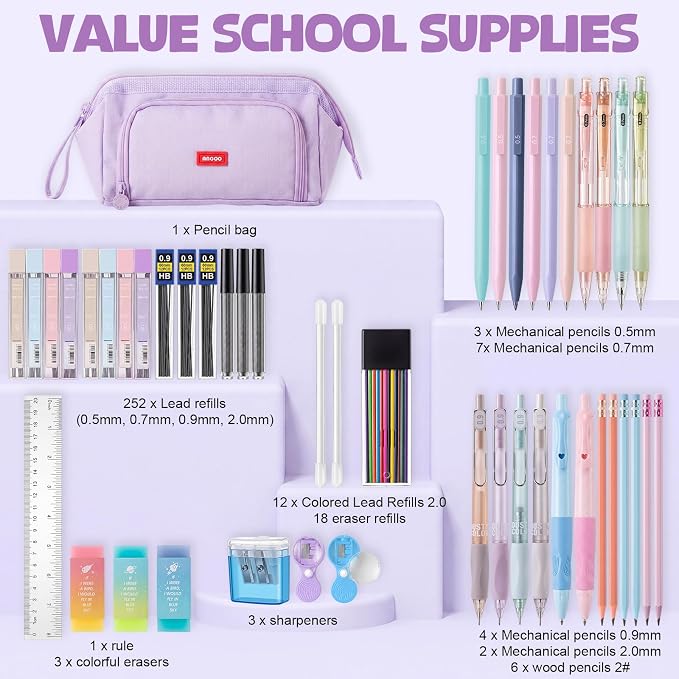 Eersida 47 Pcs Aesthetic School Supplies with Cute Pen Case, Mechanical Pencils 0.5mm, 0.7mm, 0.9mm & 2.0mm with Leads and Eraser Refills, Wood Pencils #2, for Writing, Drawing & Drafting(Purple)