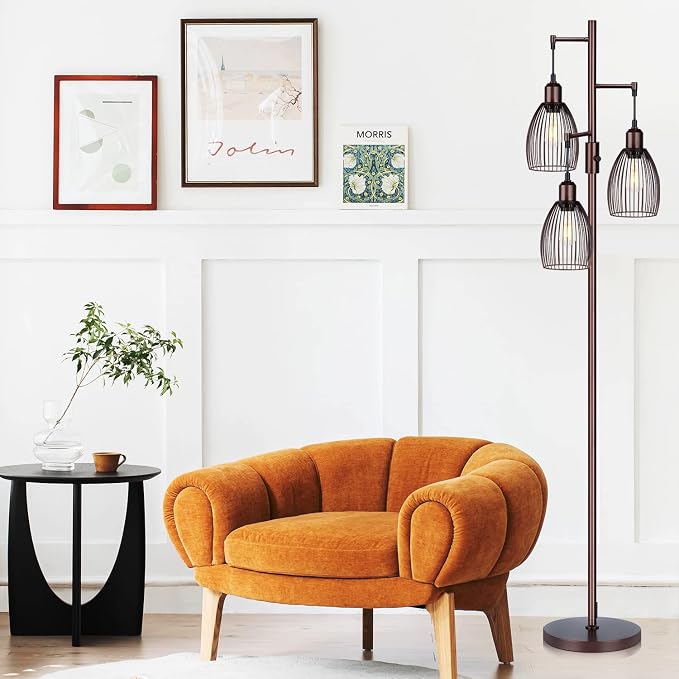Torondo Dimmable Floor Lamp, Industrial Floor Lamps for Living Room, Brown Tree Lamp Standing Lamp Tall Lamps with 3 Elegant Teardrop Cage Head & 800 Lumens LED Bulbs for Living Room Bedroom Office