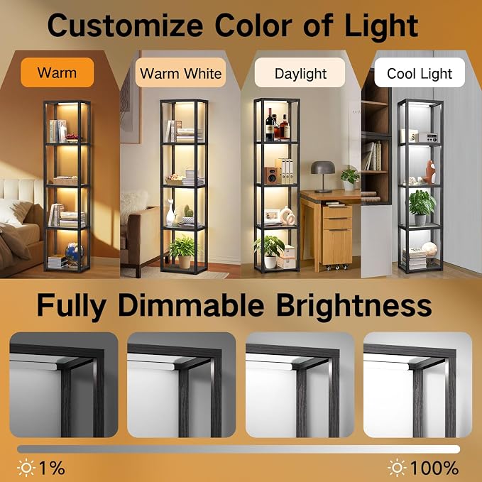 OUTON 67" Glass Display Shelf with Dimmable LED Floor Lamp, Collectibles Display Cabinet with Remote & App Control, 5 Tier Open Bookshelf Lamp for Living Room, Bedroom, Office, Home Decor, Black
