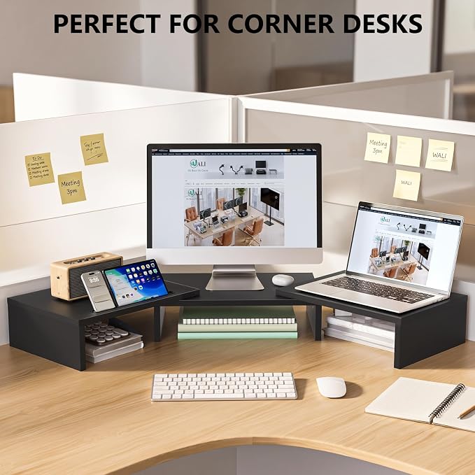 WALI Extra Long Wooden Dual Monitor Stand Riser with 2 Slots, up to 22lbs | Underneath Storage, Adjustable Length & Angle, Multi-Purpose Desktop Organizer Desk Shelf for Home Office PC, Laptop, Printer