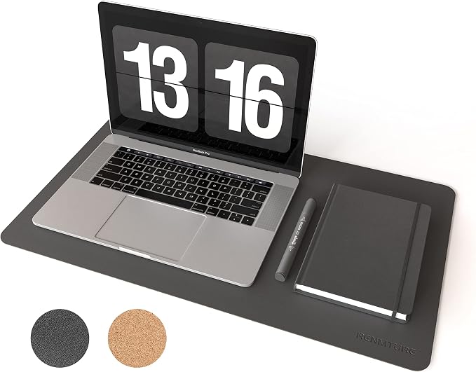 RENMTURE Dual-Sided Mouse Pad, Natural Cork & PU Leather Large Desk Pad for Office and Home Work, Desk Protector Non-Slip, Waterproof, Easy Clean (Black, 23.6" x 13.7")