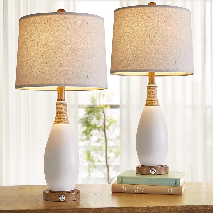 24.5” 3-Way Dimmable Touch Control Bedside Table Lamp Set of 2 with USB and Type-C Charging Ports Modern Farmhouse Nightstand Lamp for Bedroom Living Room (Bulb Included)