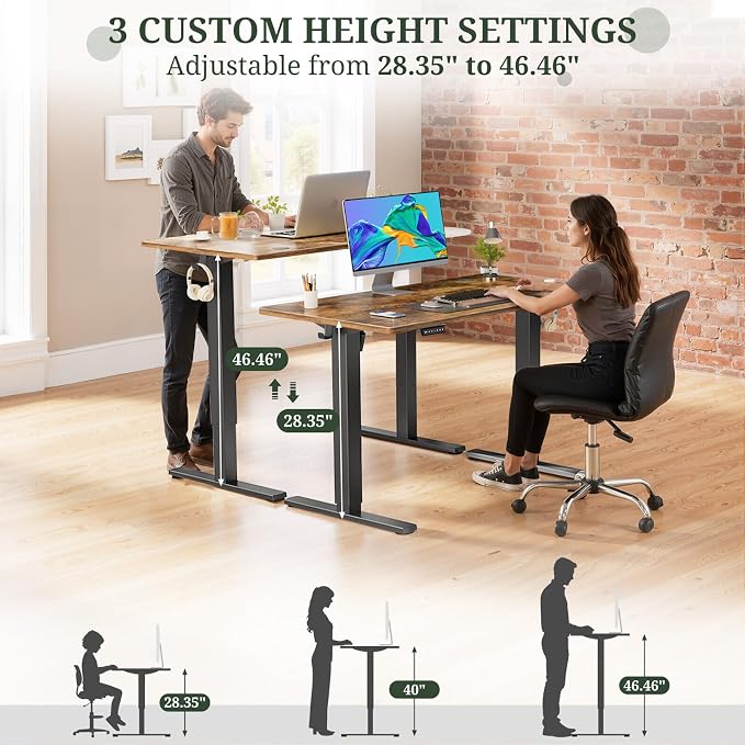 48 x 24 in Electric Standing Desk - Memory Height Adjustable | Ergonomic Sit-to-Stand Rising Computer Table Gaming Workstations with 2 Hooks and Wire Hole for Home Office, Brown