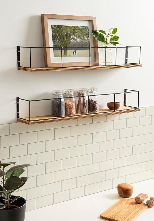 Kate and Laurel Benbrook 24 inch 2-Pack Wood and Metal Floating Wall Shelves, Rustic Brown and Black