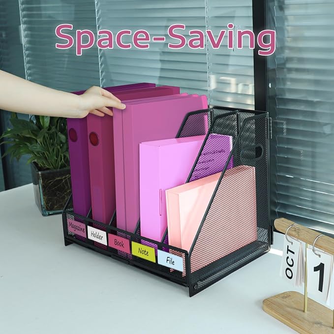 Desk Organizers, Metal Magazine File Holder with 5 Vertical Compartments Rack Binder File Organizer for Office Supplies, Home Workspace - Black