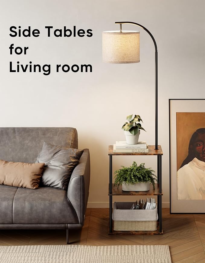 Floor Lamp with Table, Night Stand with Lamp, Narrow Side Table with 3CCT LED Bulb, Small Coffee Table, Modern End Table with Storage Shelves for Living Room Bedroom Home Décor