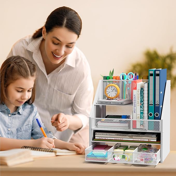 Wooden Desk Organizer - Mesh File Organizer with Drawers and Pen Holder - 4-Tier Vertical Paper Letter Storage Tray, Desktop Organizers and Accessories for Home Office （White