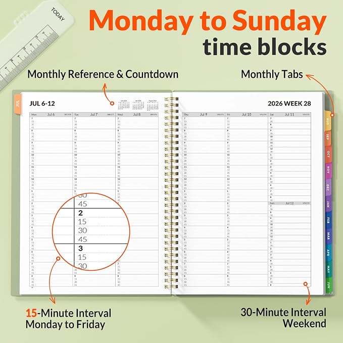 SUNEE 2026-2027 Appointment Book, Quarter-Hourly, Weekly & Monthly - from July 2026 to June 2027, 8.5"x11" Academic Planner, Flexible Cover, Note Pages, Bookmark, Spiral Binding, Sage Green