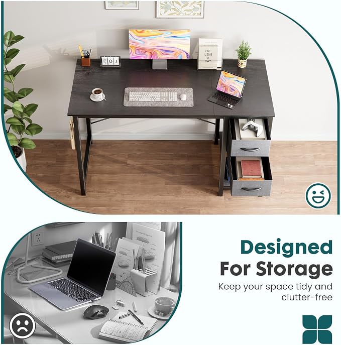 Sweetcrispy 40-Inch Computer Desk with Drawers, Office Desk, Black | Small Desk for Bedroom Home Office with Side Hook, Modern Simple Desk with Storage for Writing