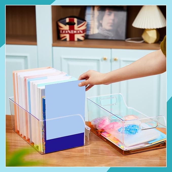 4 Pcs Clear Large Storage Book Display Case 13 x 8.5 x 5.9 Inch Book Organizer Stackable Bookcase Display Storage Containers with Handle Office Bookshelf Organizer Rack for CDs Magazine