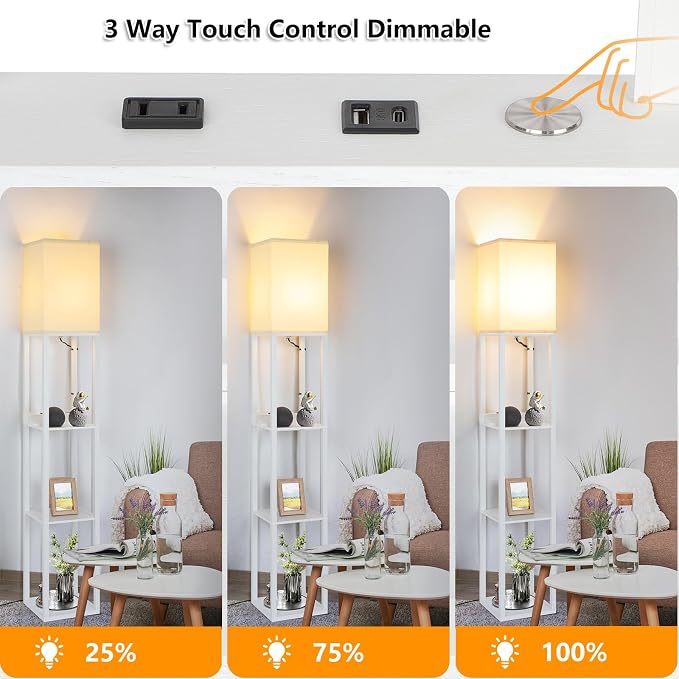 Touch Control Shelf Floor Lamp, Modern Dimmable LED Standing Lamps with Shelves, Charging USB Ports, Type C Port and Power Outlet, Wood Tall Light for Living Room, Bedroom, Bedside，White | 3-Tier Modern Square Bookshelf Lamp, Corner Standing Light with...