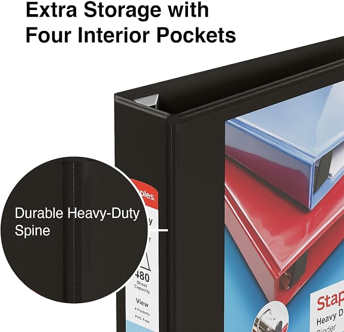 Staples Heavy‑Duty 2‑Inch 3‑Ring View Binder, Durable Binder for Office & School Storage, Black