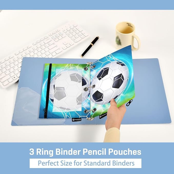 Soccer Ball Football on Field Pencil Pouch for 3 Ring Binder, 2 Pack Waterproof Pencil Bags Clear Window Pencil Case Zipper School Office Supplies
