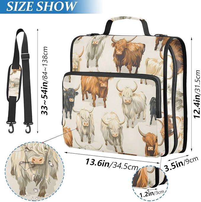 ALAZA Zipper Binder 3 Ring Neutral Colors Highland Cows Binder Organizer with Zipper and Shoulder Strap Large Capacity Multi-Pocket Trapper Keeper File Folder for Office Supplies
