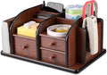 Flexzion Wooden Desk Organizer w/Drawers - Classic Wood Office Supplies Accessories Desktop Tabletop Sorter Shelf Rack Cherry Brown Pencil Holder Caddy Set with 3 Drawers, 3 Compartments & 2 Shelves | Cherry Brown Table Caddy, 12 X 8 X 5.5 In, with 3 C...