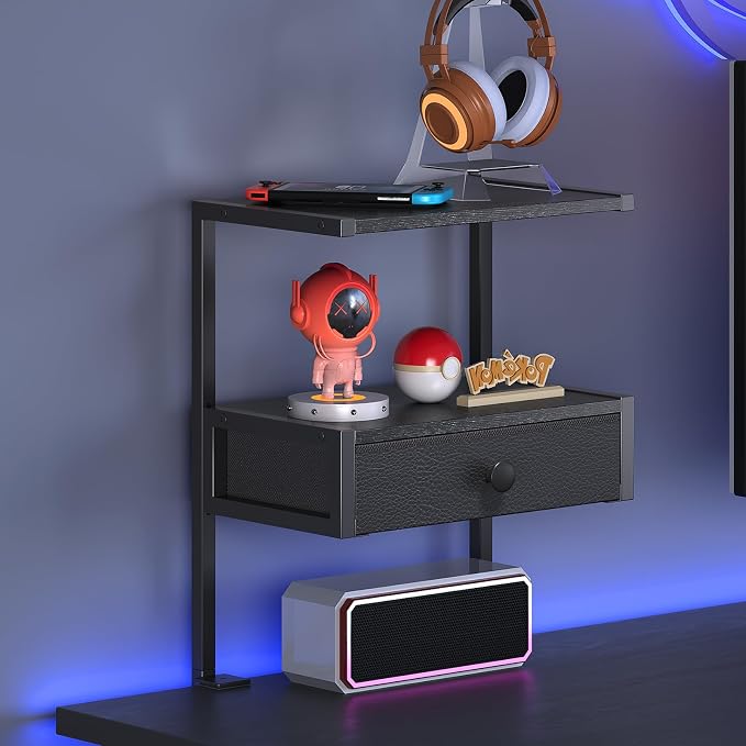 VENNQD Clamp On Desk Shelf, 2-Tier Desktop Organizer, Wood Desktop Supplies Tabletop Book Storage Rack with Adjustable Shelves for Table Working and Gaming Accessories, Black