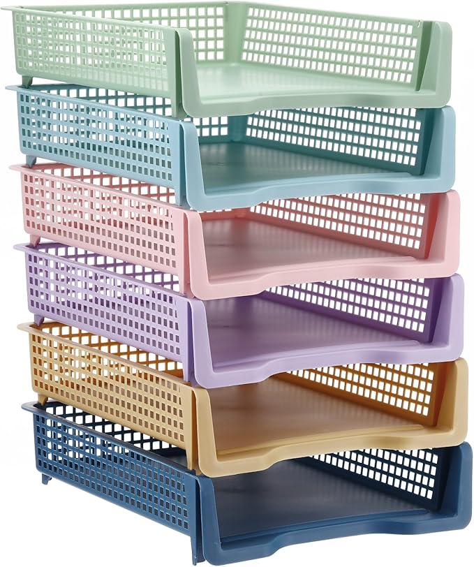 Weysat 6 Pcs Turn in Trays Classroom, Stackable Paper Tray for Classroom Organization Plastic Desk File Organizer Bin Basket for Library Drawer Teacher Office Document Storage (Morandi Pastel,Narrow)