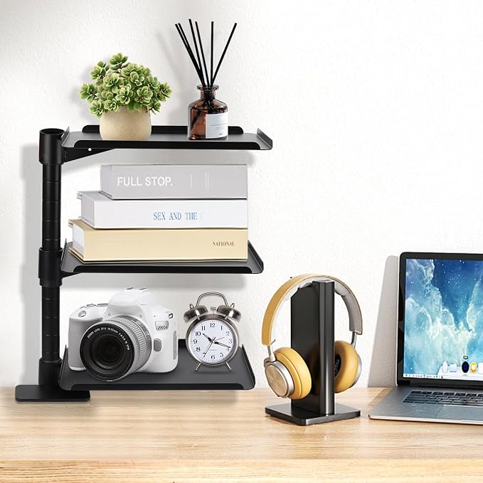 3 Tier Clamp On Desk Shelf,360° Rotatable Adjustable Above or Under Desktop Organizer,Carbon Steel Storage Tray for Home Office and Gaming Accessories（Black）