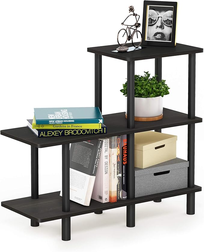 Furinno Turn-N-Tube 3-Tier Cube Ladder Shelf, Espresso/Black | Book Shelf, Accent Display Shelf, Open Shelves, Round Tubes, for Organization and Storage, Living Room, Garage, Home Office