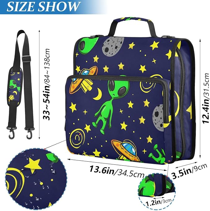 3 Ring Zipper Binder with Shoulder Strap Alien Space Cartoon 2 Inch Zippered Binder Bag 500 Sheet Capacity Multi Pockets for School Supplies