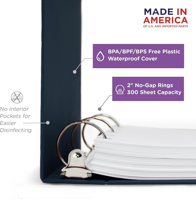 Carstens 2-Inch Heavy Duty 3-Ring Binder - Top Opening, Navy Blue, Durable Plastic, Precision No-Gap Rings, Waterproof Cover, No Pockets, Holds 300 US Letter Sheets, BPA-Free, Made in USA (2879-3R)