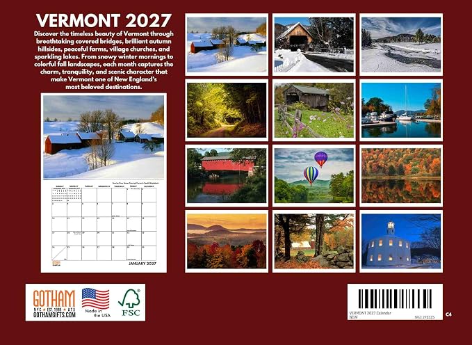 Vermont Calendar 2027 Monthly Wall Calender 12 Month