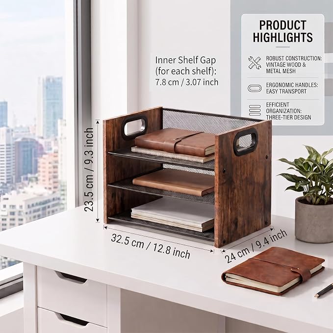Desk Organizer - 3 Tier Wood & Metal Mesh Desktop Organizer for Office, Home, School, Workspace, Office Desk Organzier for Papers, Mail, Notebooks, Stationery