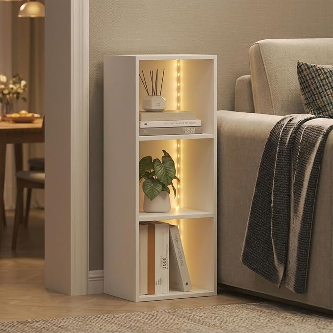 Furinno LUDER Book Shelf with LED Lights, 3-Cube Bookshelf, Bookcase, 9.3 x 12 x 31.5, for Home Office, Living Room, Study Room, White