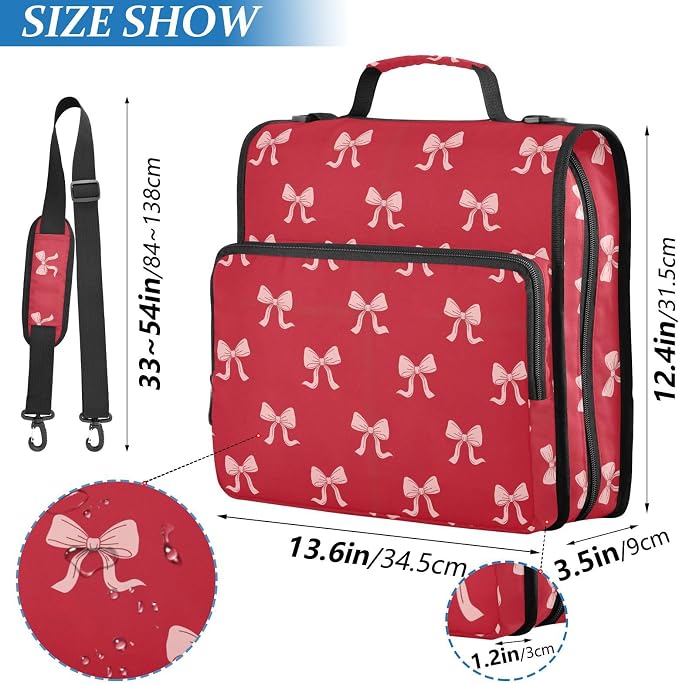 Red Bow Print Zipper Binder Bag 3 Ring with Shoulder Strap & Handle Multi Pocket Binder Organizer Bag Large Capacity for School Office Supplies