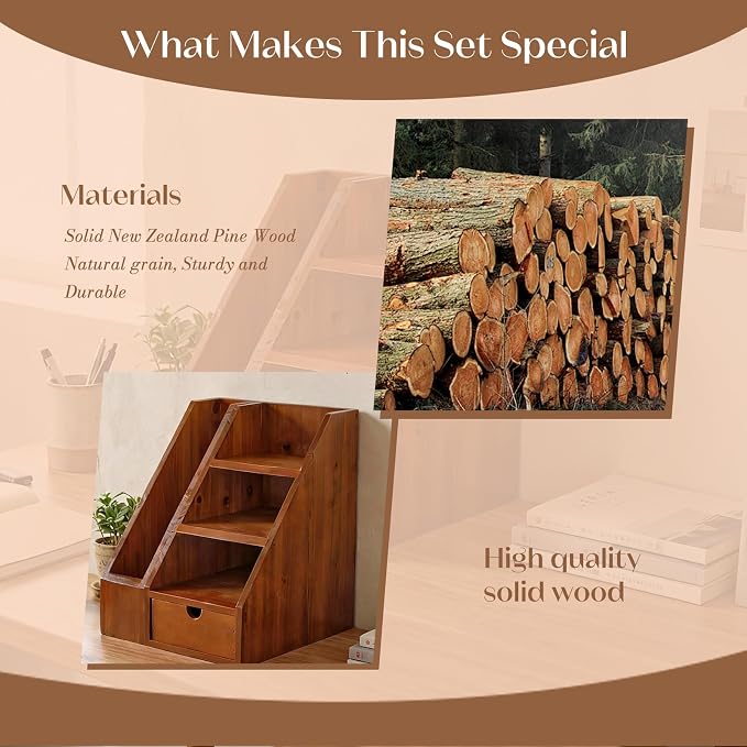 Vintage Wooden Desk Organizer Set of 2 - Wood Desktop File Holder & Shelf with Drawer - Rustic Office Storage for Books, Folders, Mail & Supplies - Matching Organizer for Home Office Desk