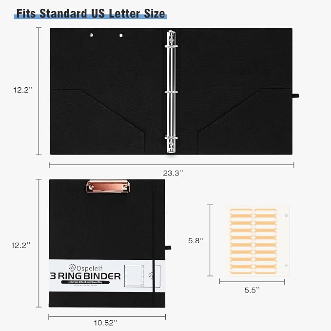 Ospelelf 1 Inch 3 Ring Binder, Black Linen Clipboard Binder with 5 Pocket Dividers & Zipper Pouch for Documents (11" x 8.5"), Hardcover Binder Organizer for School, Office