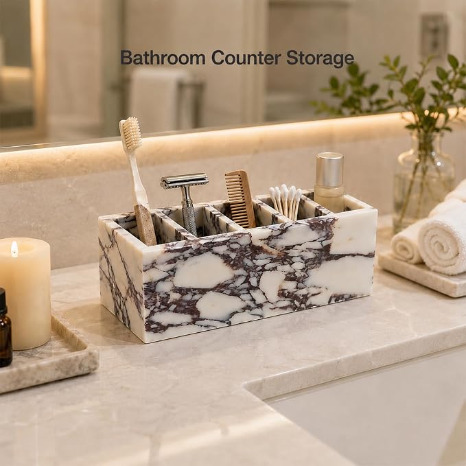 5-Compartment Marble Desk Organizer, 9.84 in | Natural marble 5-section organizer for pens, makeup brushes, cotton swabs, lipsticks, and slim daily items.
