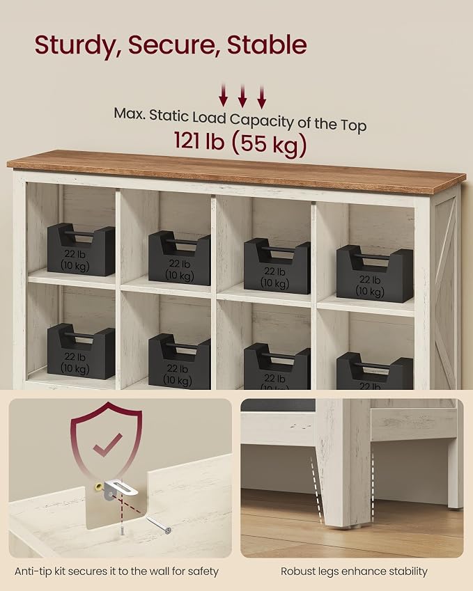 VASAGLE Liry Collection Farmhouse Bookcase, 8-Cube Storage Organizer with Legs, Adjustable Shelves, 50.2 x 11.6 x 29.8 inch, for Home Office, Living Room, Cloud White and Warm Brown ULBC138W101S