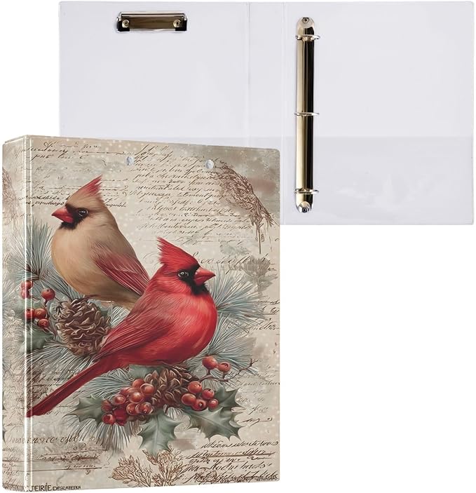 3 Ring Binder Cardinals Bird Pine Cone Christmas 1.5 inch Binders Three Ring Binders with Clipboard Fit 8.5'' x 11'' Paper 3 Interior PVC Clear Pockets for Office Supplies